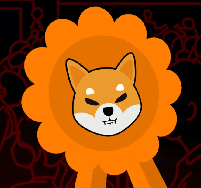 Image shows Shiba Inu dog logo on the orage and yellow ribbon.